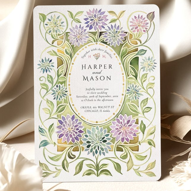 Artistic Art Nouveau Dahlia Stained Glass Wedding Invitation (Creator Uploaded)