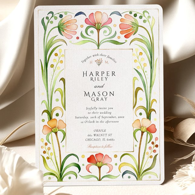 Artistic Art Nouveau Wildflower Gold Wedding Invitation (Creator Uploaded)
