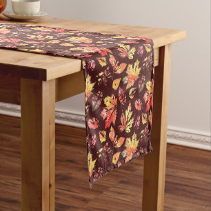 Artistic Autumn Leaves Pattern on Rich Brown Medium Table Runner