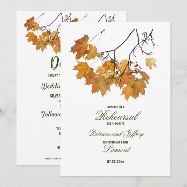 Artistic Autumn Leaves Wedding Rehearsal Dinner In Invitation (Front/Back)