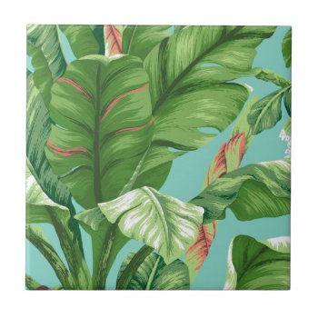 Artistic Banana Leaf & Flower Watercolor Painting Ceramic Tile by AllAboutPattern at Zazzle