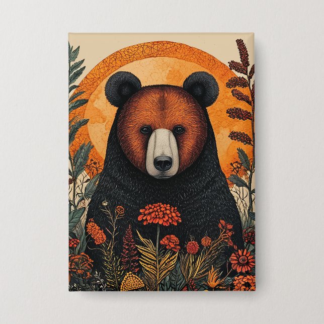 Artistic Bear Among Vibrant Botanical Flowers Button (Front)