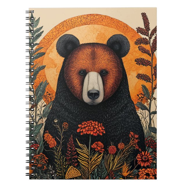 Artistic Bear Among Vibrant Botanical Flowers Notebook (Front)
