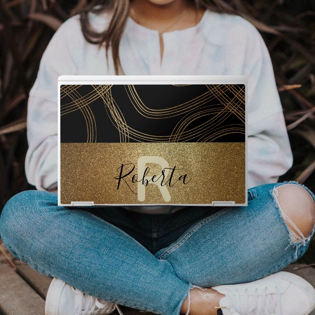 Artistic Black And Bronze Glitter Modern Glam HP Laptop Skin (Creator Uploaded)