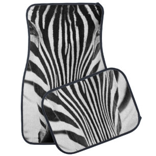 Artistic black and white closeup portrait of a zeb car floor mat