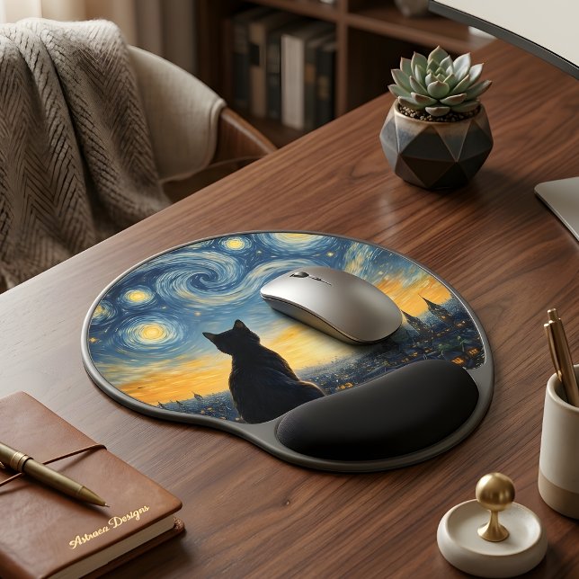Artistic Black Cat & Celestial Town Desk Mat Gel Mouse Pad (Creator Uploaded)