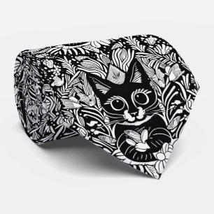 Artistic Black Cat Floral Pattern Neck Tie