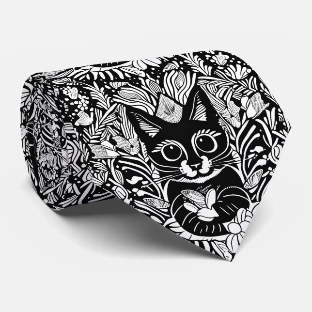 Artistic Black Cat Floral Pattern Neck Tie (Rolled)