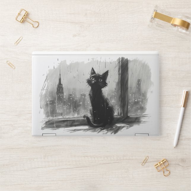 Artistic Black Cat Rainy Day in the City Laptop Sk HP Laptop Skin (Desk)