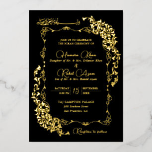 Artistic Black Gold Floral Paisley Muslim Wedding Foil Invitation