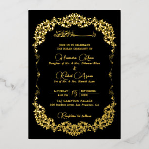 Artistic Black Gold Floral Paisley Muslim Wedding Foil Invitation