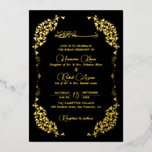 Artistic Black Gold Floral Paisley Muslim Wedding Foil Invitation