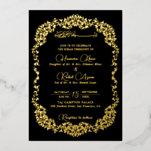Artistic Black Gold Floral Paisley Muslim Wedding Foil Invitation