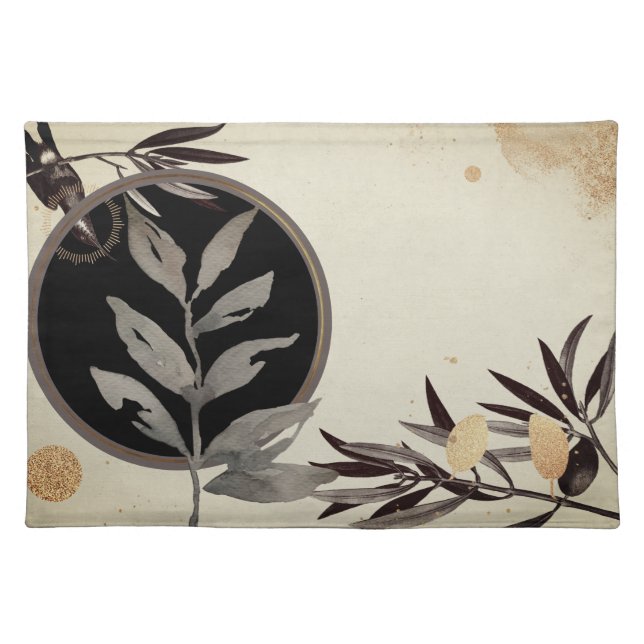 Artistic Black & Ivory Watercolor Botanical Leaves Cloth Placemat (Front)