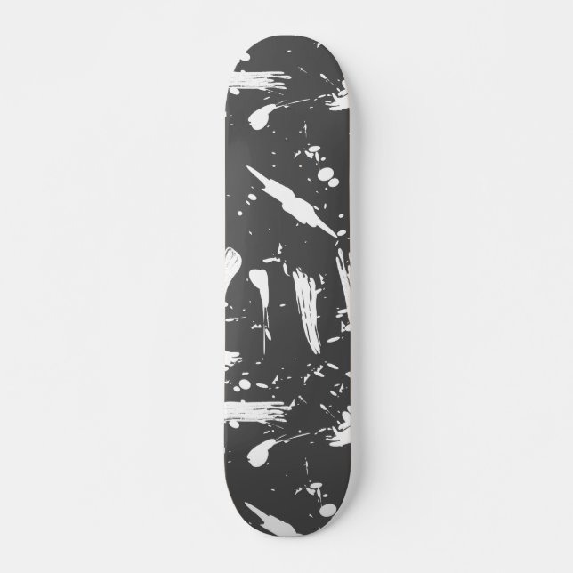 Artistic black white brush strokes splatters paint skateboard (Front)