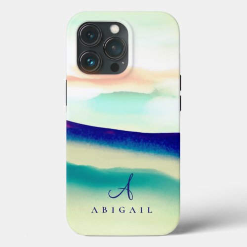 Artistic Blue Abstract Landscape Monogrammed iPhone 13 Pro Case