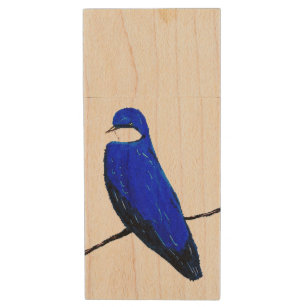 Artistic Blue Bird Tree Swallow Wood Flash Drive