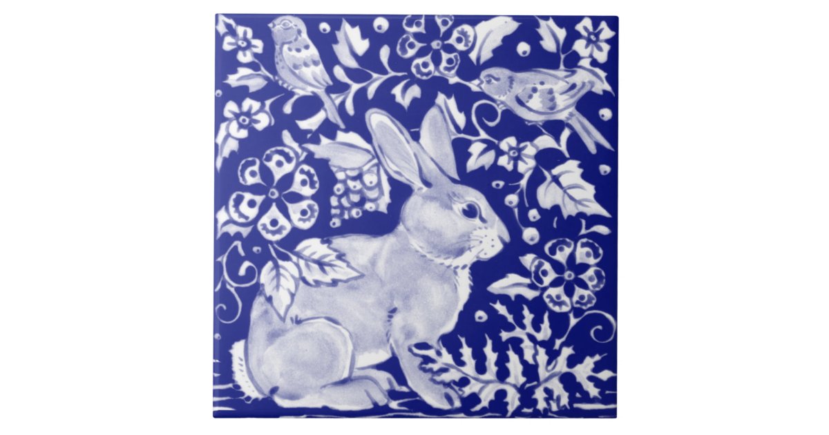 Artistic Blue Bunny Rabbit Animal Delft Dedham Ceramic Tile | Zazzle
