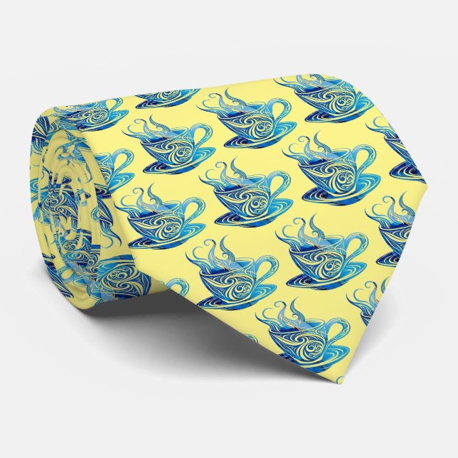 Artistic Blue Coffee Cup with Swirling Patterns Neck Tie (Rolled)