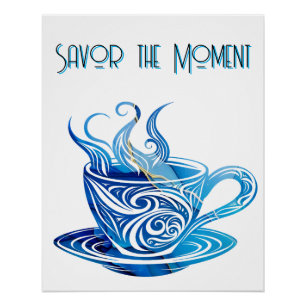Artistic Blue Coffee Cup with Swirling Patterns Poster
