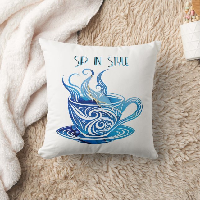 Artistic Blue Coffee Cup with Swirling Patterns Throw Pillow (Blanket)