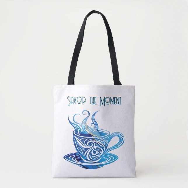 Artistic Blue Coffee Cup with Swirling Patterns Tote Bag (Front)