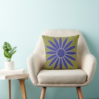 Artistic Blue Daisy on Drab Green Throw Pillow