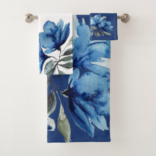Artistic Blue Floral Drama Watercolor Hand-painted Bath Towel Set