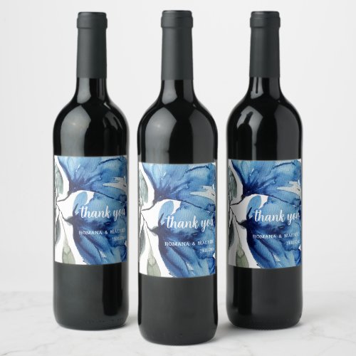 Artistic Blue Floral Watercolor Hand_painted Wine Label