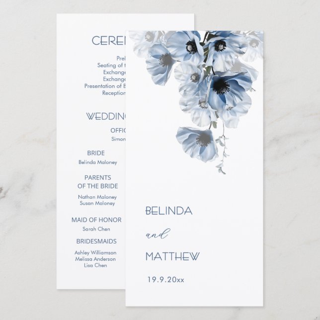 Artistic Blue Flowers | Wedding Program (Front/Back)
