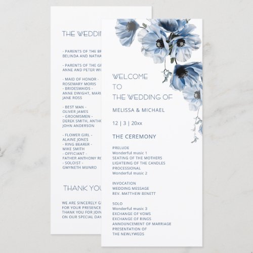 Artistic Blue Flowers Wedding Program