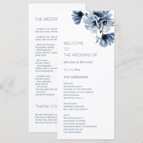 Artistic Blue Flowers Wedding Program