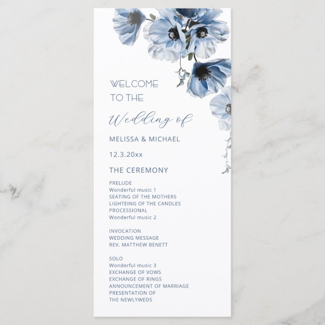Artistic Blue Flowers Wedding Program (Front)