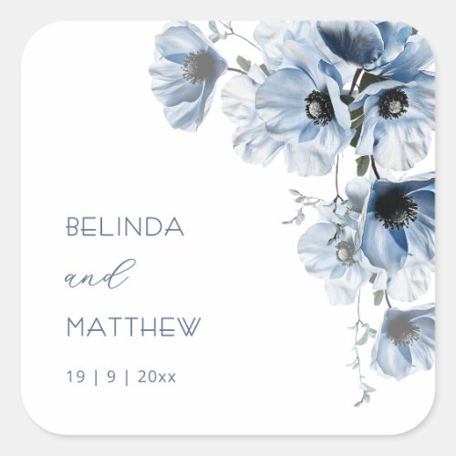 Artistic Blue Flowers | Wedding Square Sticker