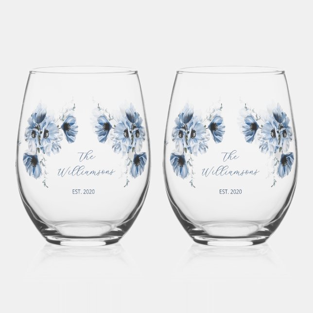 Artistic Blue Flowers Wedding Stemless Wine Glass (Left)