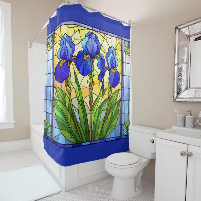 Artistic Blue Iris Floral Stained Glass  Shower Curtain (In Situ)