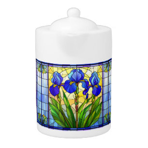 Artistic Blue Iris Stained Glass Teapot