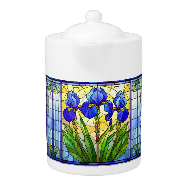 Artistic Blue Iris Stained Glass Teapot (Front)