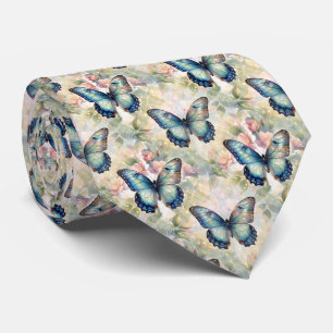 Artistic Blue Morpho Butterfly Floral Watercolor Neck Tie
