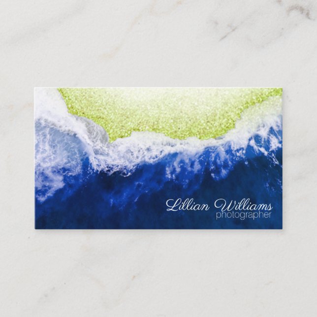 Artistic Blue Ocean Waves Green Glitter Beach Business Card (Front)