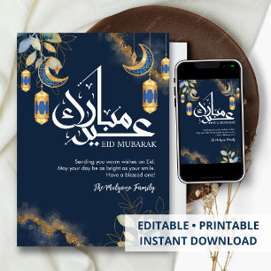 Artistic Blue Watercolor and Gold Leaf Eid Card