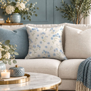 Artistic Blue Watercolor Blossoms Throw Pillow