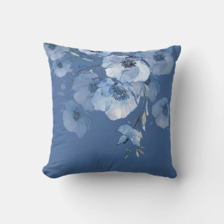Artistic Blue Watercolor Flowers Throw Pillow