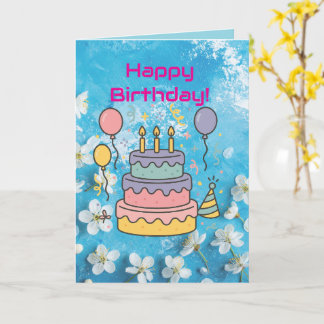 Artistic Blue White Cherry Blossom Birthday Card