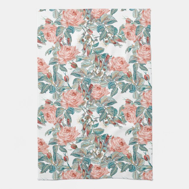 Artistic Blush Peach and Coral Roses Kitchen Towel (Vertical)