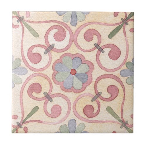 Artistic bohemian abstract of floral retro pink ceramic tile
