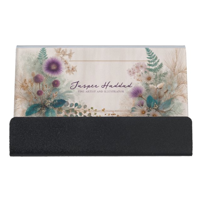 Artistic Bohemian Wildflower Folk Art Desk Business Card Holder (Front)