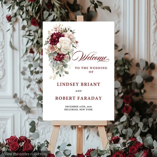 Artistic Boho Burgundy Rose Wedding Welcome Sign (Artistic Boho Burgundy Rose Wedding Welcome Sign)