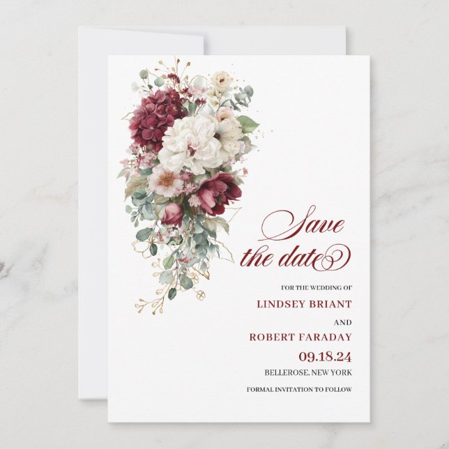 Artistic Boho Burgundy White Save The Date Card (Front)