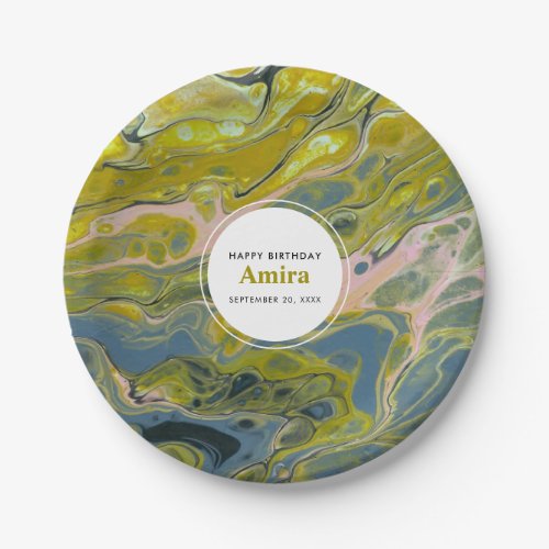 Artistic Boho Lime Green  Blue Marble Birthday Paper Plates